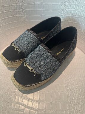 Salvatore Ferragamo Denim Patterned Espadrille Loafers with Gold Bit